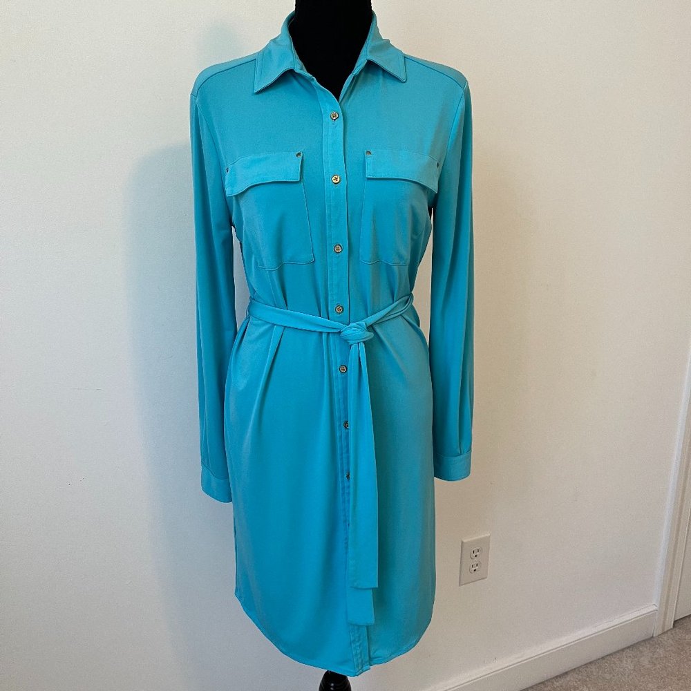 Calvin Klein Blue Belted Shirt Dress  - Long Sleeve Button Front - Size 8 Med